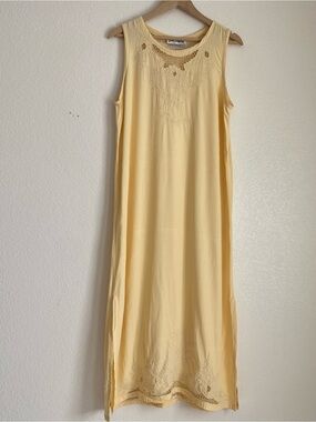 Vintage mid length dress embroidered neckline butter yellow
